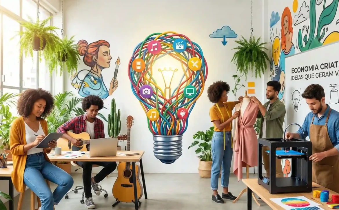 Infográfico mostrando os 4 pilares da economia criativa (games US$ 188B, música US$ 29,6B, criadores US$ 109B, streaming US$ 169B) com crescimento exponencial até 2030